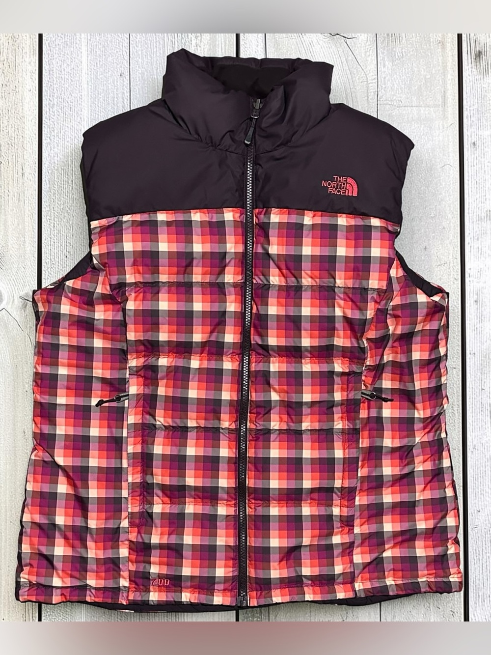 The North Face Women's Nuptse 700 Down Puffer Vest XL Pink Purple Plaid Vintage